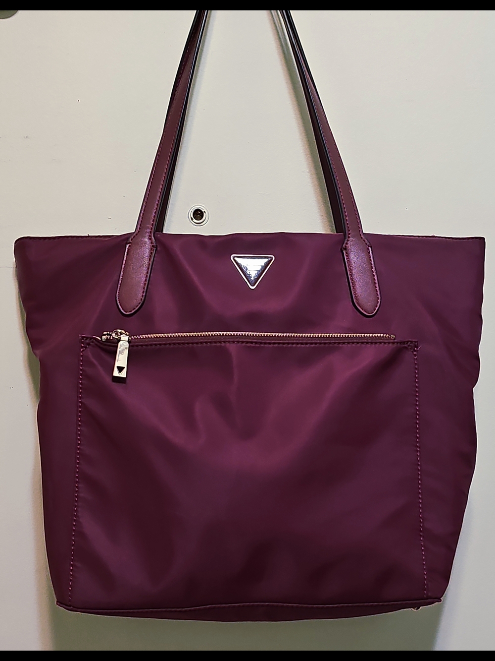 Guess Nylon Tote Bag in Plum Red Leather Handles